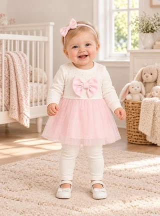 Visara Girls Ivory Tulle Legging Set with Pink Bow Detail 8908
