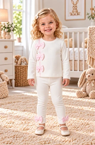 Visara Girls Ivory Legging Set with Pink Bling Bow Detail 8904