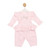 Mintini Girls Pink Top & Dungaree Set with Glittered Gold Bow & Pearl Front and Frilled Waist, Shoulder & Cuff Detail. MB6801