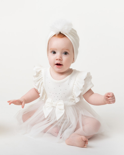 Caramelo 031283 Baby Girls Ivory Ribbed Tulle Baby Dress with