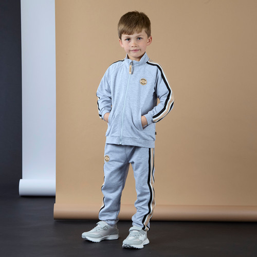 Mitch & Son Boys Grey Melange Zipper Tracksuit with Stripes Down