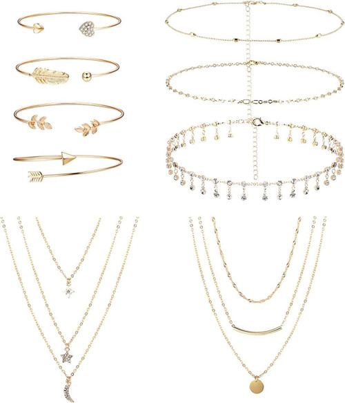 9 Pcs Gold&Silver Tone Layered Choker Necklace and 5 Pcs Multiple Layered Stackable Open Cuff Bracelet Chain Adjustable Set for Women