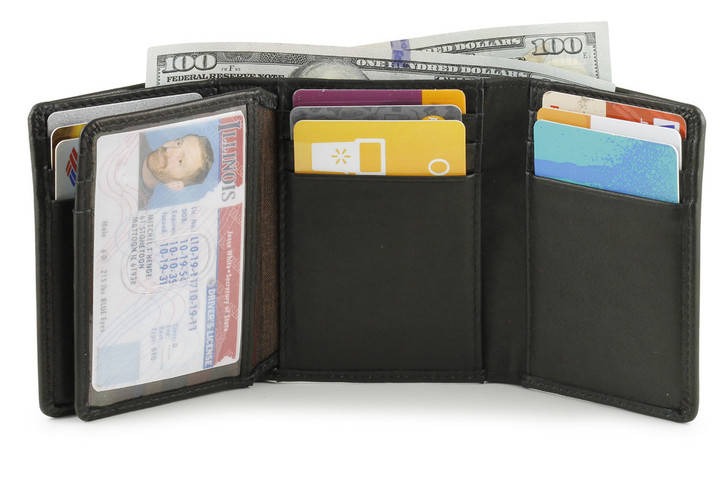 RFID Mens Trifold Leather Wallet with ID Window - Black