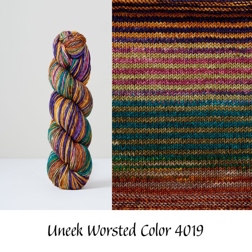 Hank of Urth Yarns Uneek Worsted Self Striping Yarn and swatch worked up in color 4019