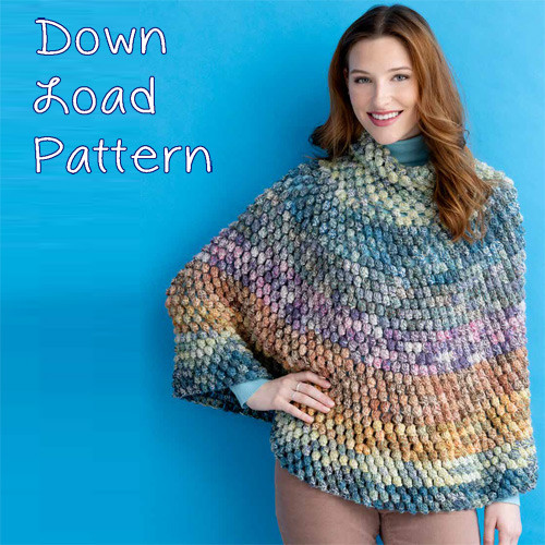 image of model wearing Mirasol Crochet Poncho in popcorn stitch in 100% alpaca Mismi Yarn 