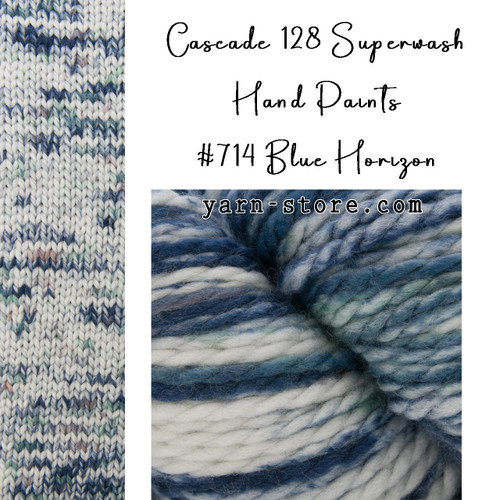 closeup of yarn and image of knitted swatch of 128 Superwash Hand Painted Merino Wool - Blue Horizon 714