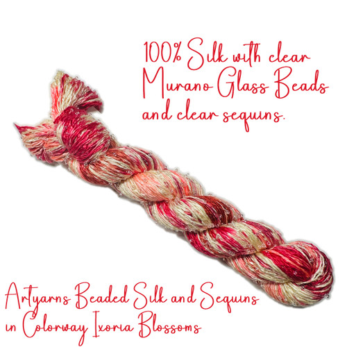 hank of Artyarns Beaded Silk and Sequins Light - Ixora Blossoms (100% silk with clear Murano Glass Beads + clear sequins)