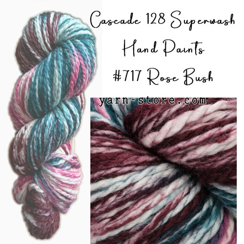 closeup of yarn, and yarn hank of 128 Superwash Hand Painted Merino Wool - Rose Bush 717