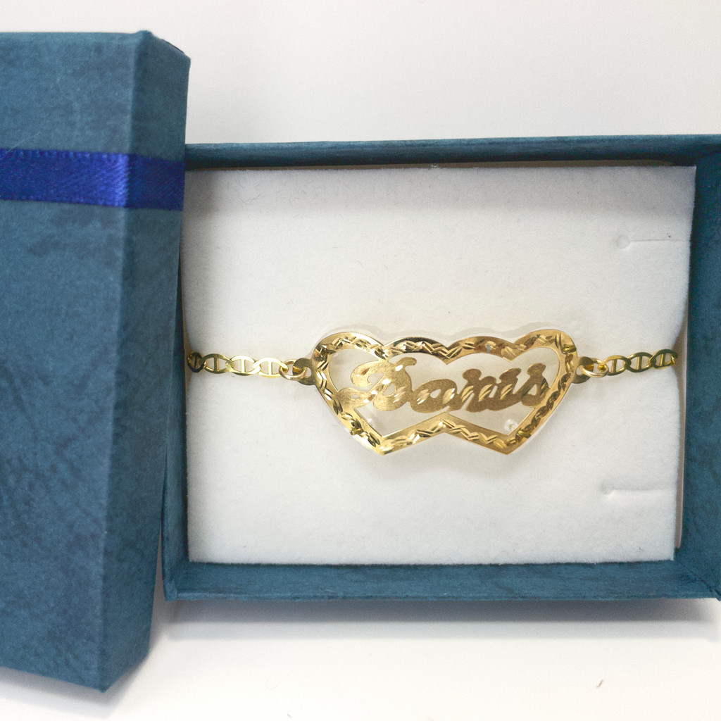 10K Gold Name Bracelet with Double Heart