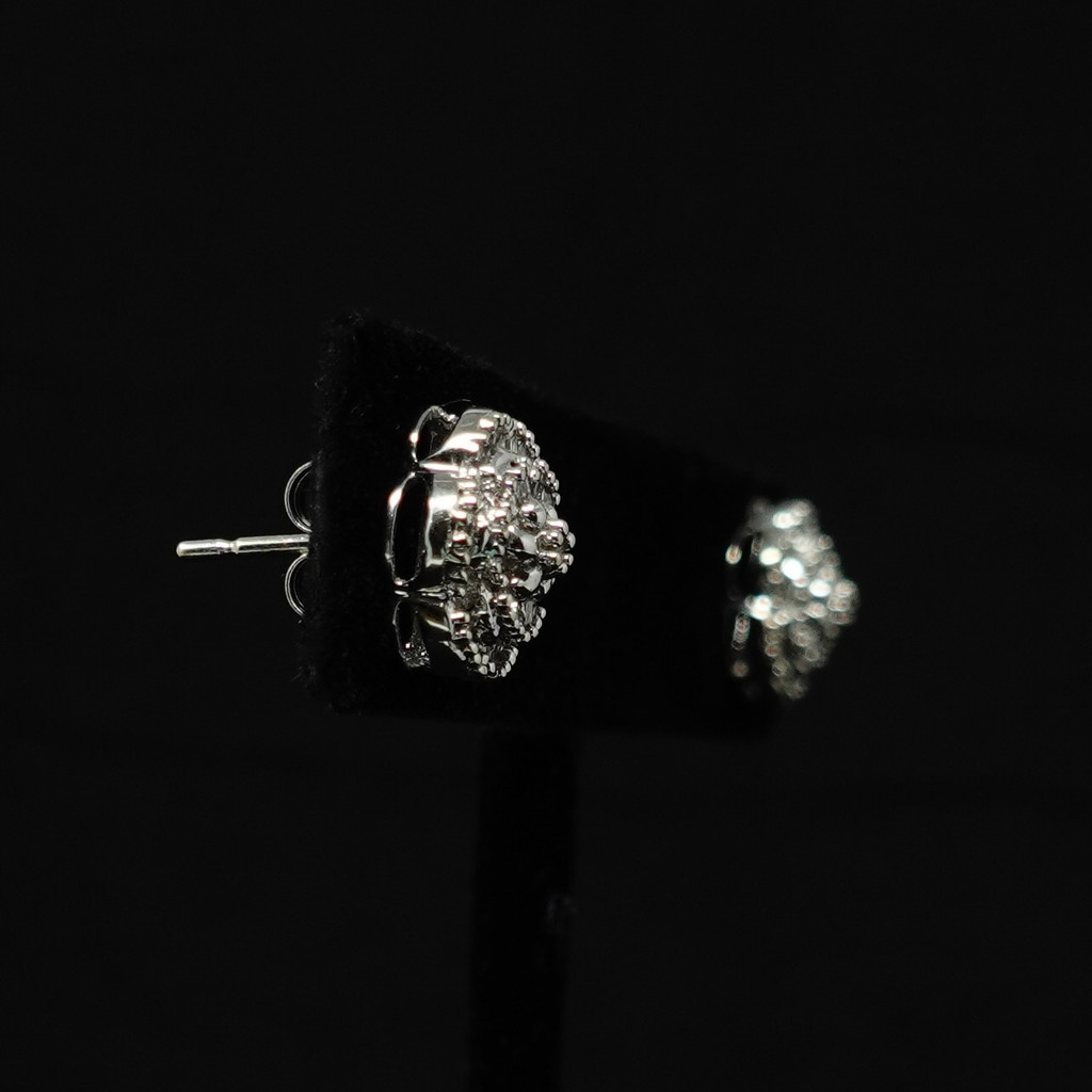 Vintage 10K White Gold Flower Stud Earring with Diamonds