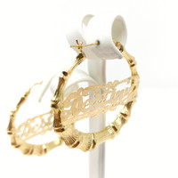 10K Gold Name Bamboo Earring with Double Heart