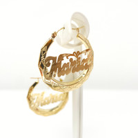 10K Gold Ornate Hoop Name Earring with Heart