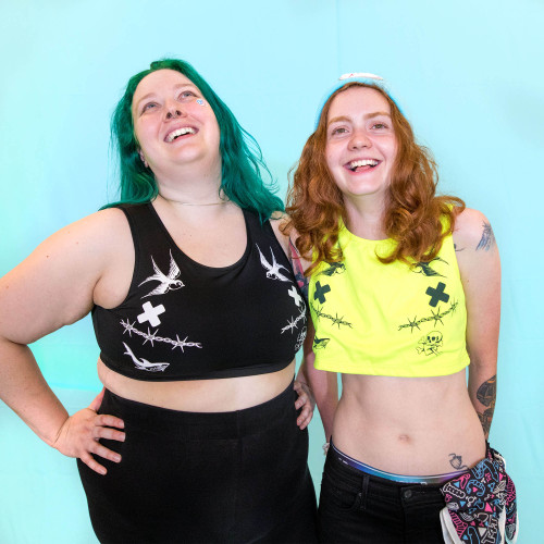 Tattoo Compression Tops by Crushworthy & Inkyfruits - Queer tattoo artist Inkyfruits designed the print on these rad comfy compression tops, a lighter less constricting alternative to binders, or just a rad crop top!
