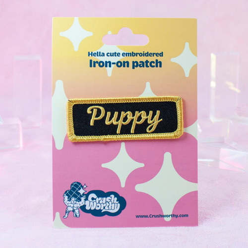 Puppy Patch in yellow by Crushworthy – kinky fetish gay puppy play mechanic style name tags