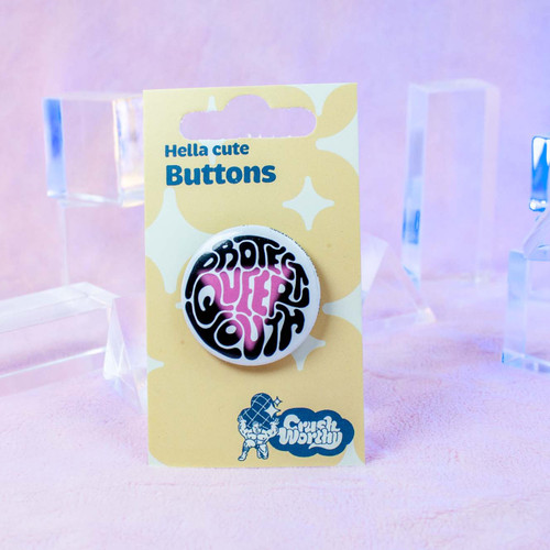 Protect Queer Youth button by Crushworthy - Cute funky handwritten text that reads "PROTECT QUEER YOUTH" with a pink triangle on a metal backing