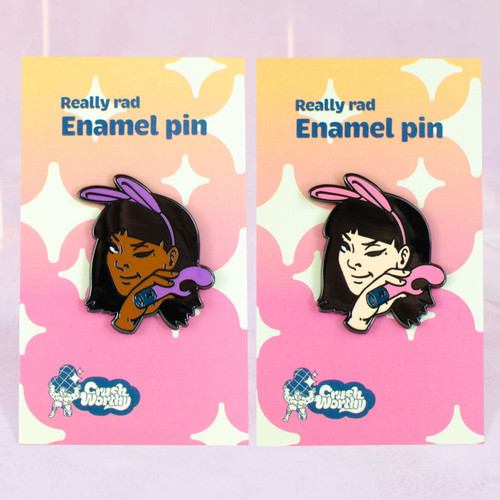 Rabbit Rider Enamel Pin - a hottie with her favorite vibrator, available in dark skintone or light skintone