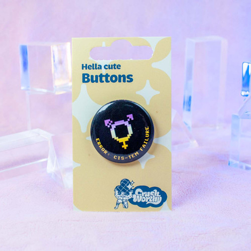 Cistem Failure button by Crushworthy - A pixel trans symbol in the nonbinary pride flag colors on a black button with a metal pinback