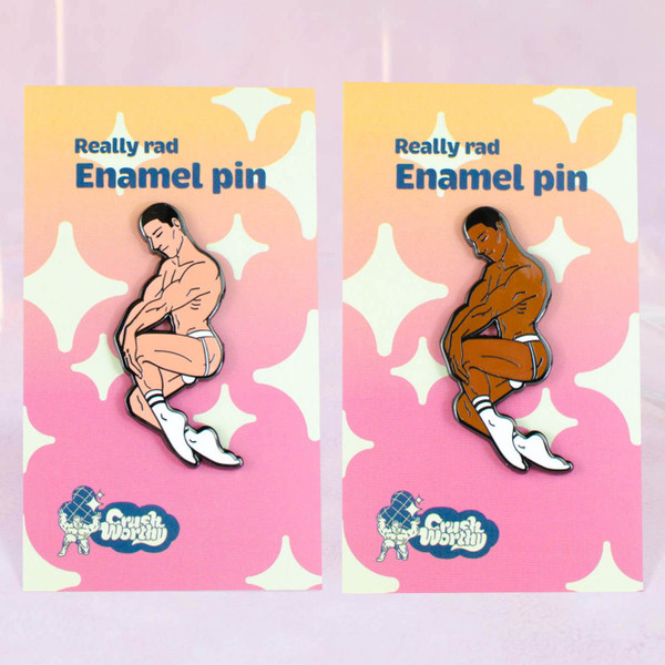 Athletic Supporter Enamel Pin - sexy sporty gay pinup, available in dark skintone or light skintone