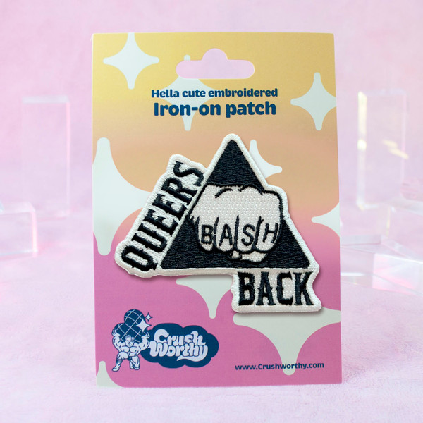 Queers Bash Back (Classic) Patch by Crushworthy – black and white embroidery for queers that BASH BACK on an iron-on backing!