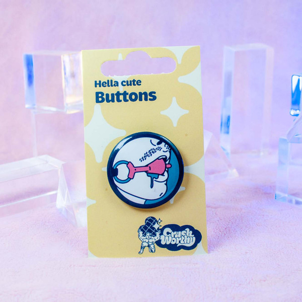 Ballgag Button by Crushworthy - A sexy button featuring a mouth with a stubble mustache, plugged with a big pink ballgag, on a metal pinback button.