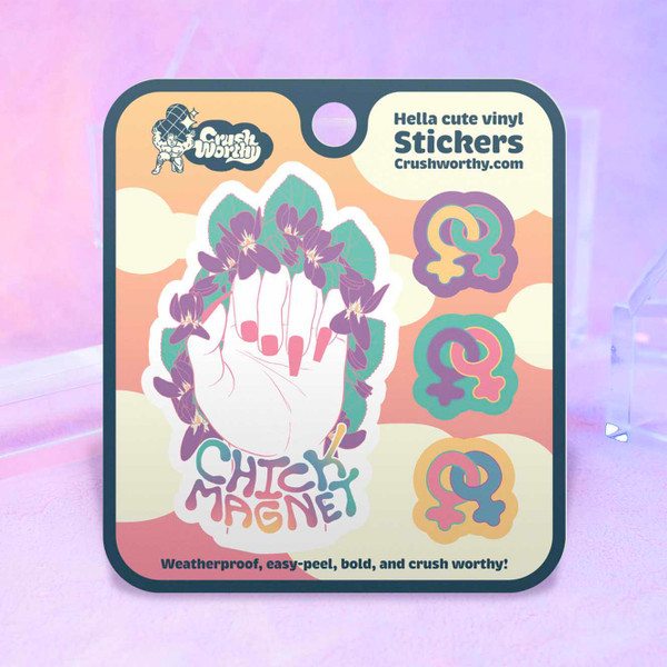 Chick Magnet sticker sheet by Crushworthy - Subtle nails that other queer girls will spot right away! Comes with 3 cute colorful little lesbian symbol mini stickers.