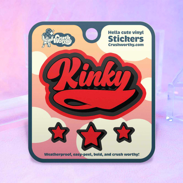 Kinky Varsity sticker sheet by Crushworthy - Red and black varsity style lettering spelling out "Kinky", includes 3 matching mini star stickers!
