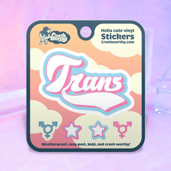 Trans Varsity sticker sheet by Crushworthy - Trans pride colors on a sticker that spells out "Trans", comes with 2 trans symbol mini stickers and 2 star mini stickers!