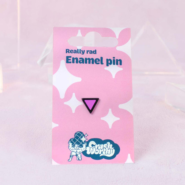 Queer Pink Triangle Mini Enamel Pin by Crushworthy – an adorable mini black metal pin with pink enamel. Comes with a locking metal back so you never lose it!