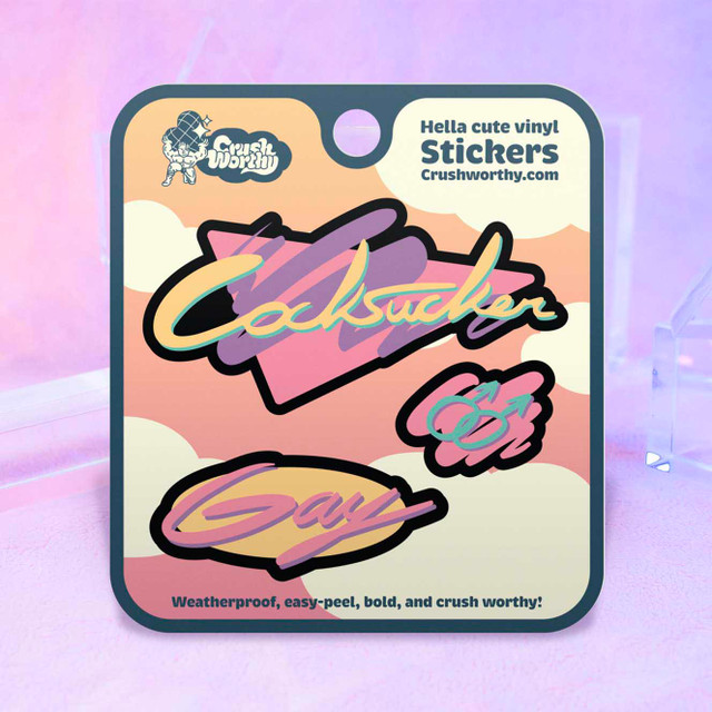 Cocksucker Throwback sticker sheet by Crushworthy - "Cocksucker" written out in fun colorful retro lettering, comes with a matching "gay" sticker and a gay symbol mini sticker!