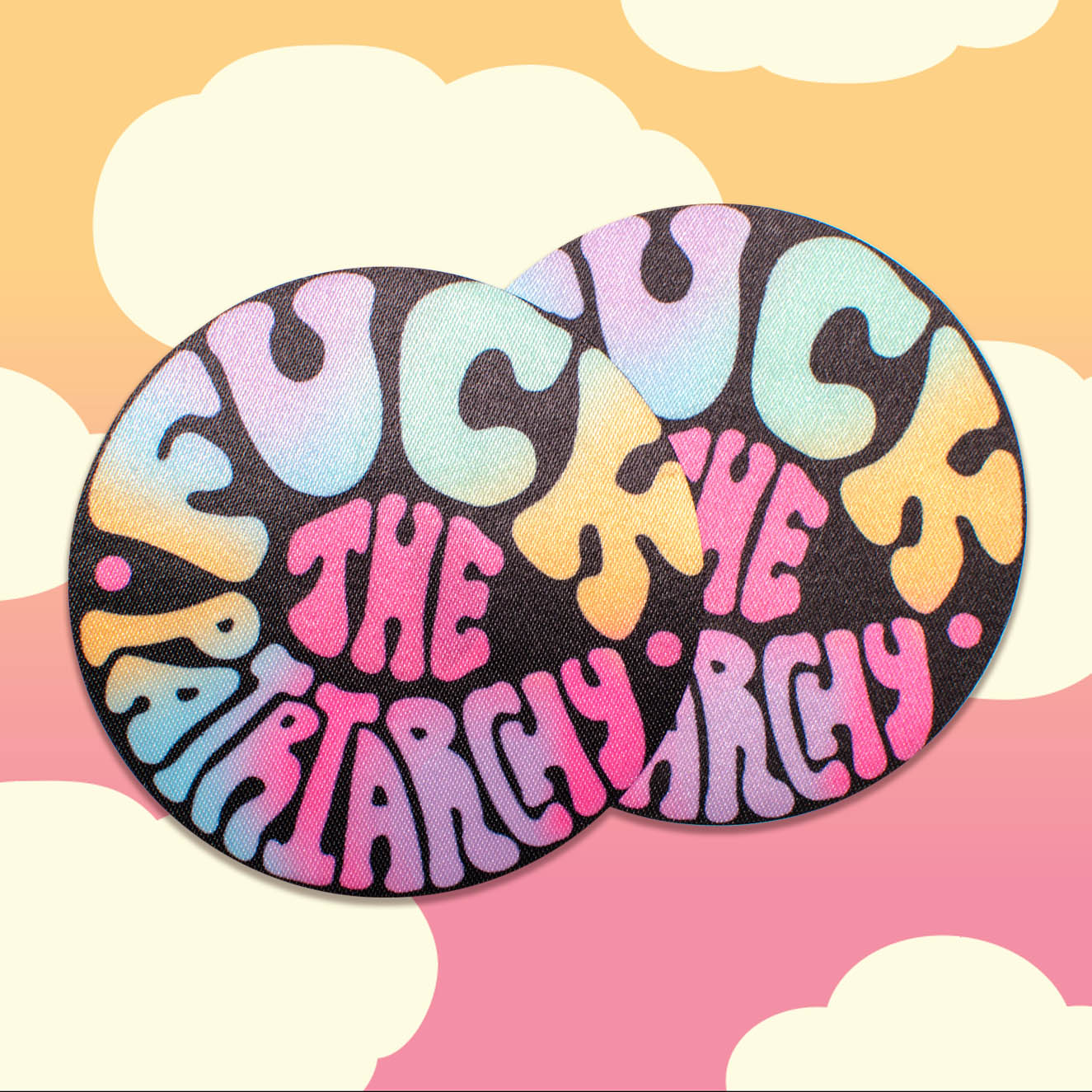 Fuck The Patriarchy Pasties by Crushworthy - Cute and hella queer disposable nipple covers that say "Fuck The Patriarchy" in funky rainbow text!