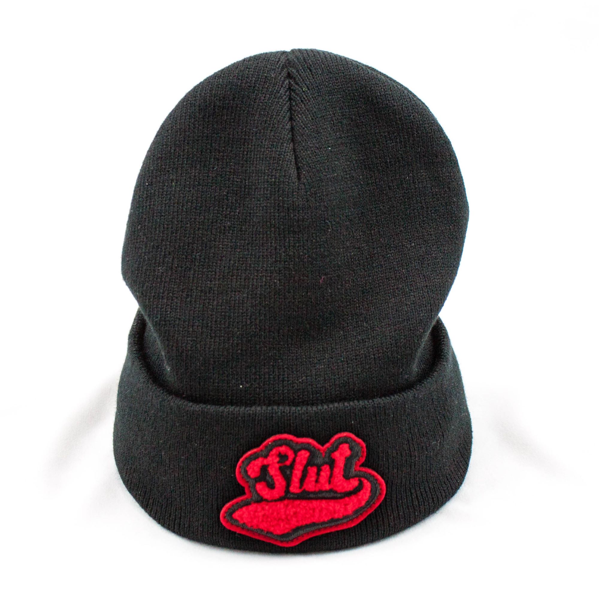 Slut Varsity beanie by Crushworthy - Red and black fluffy chenille embroidery on a cute black beanie