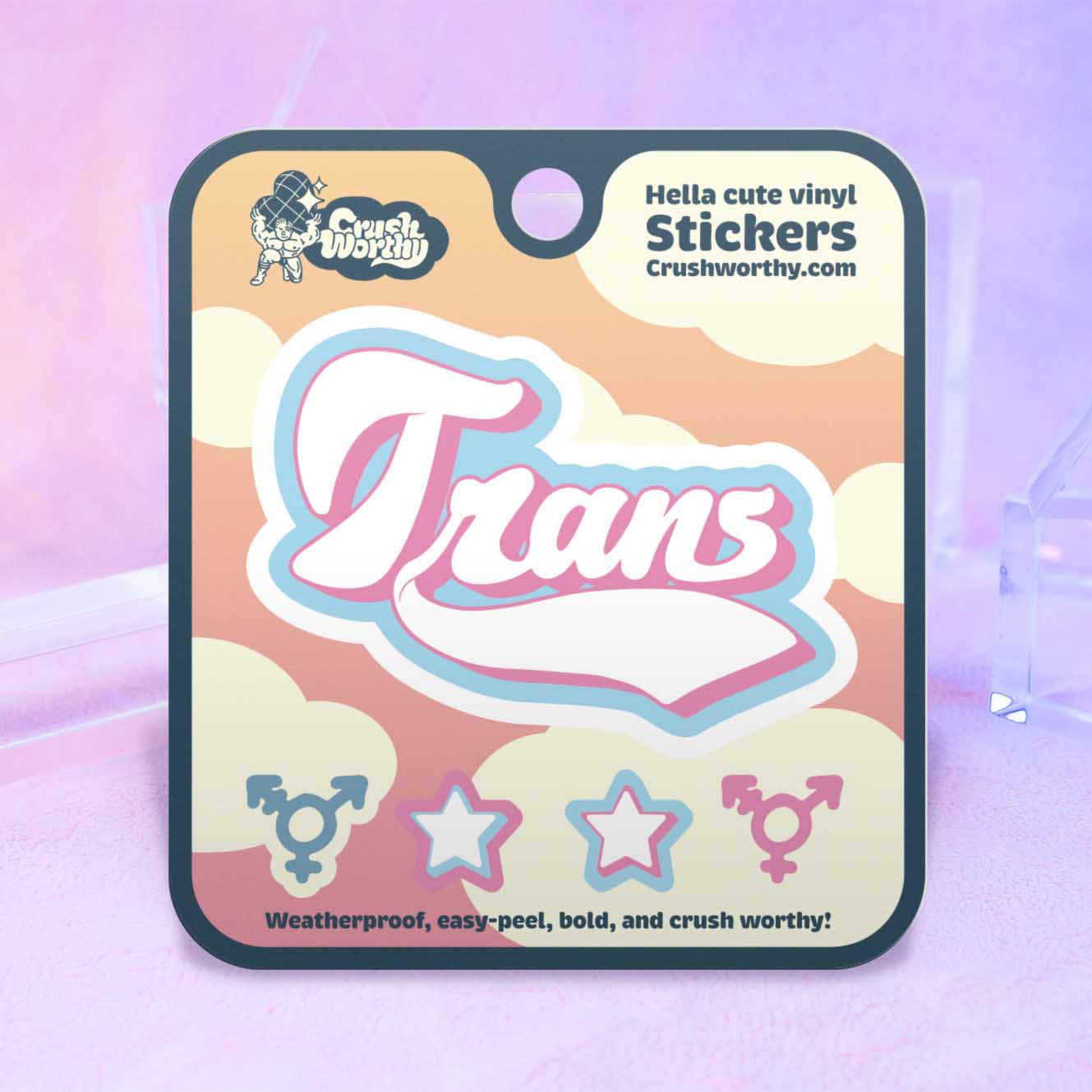 Trans Varsity sticker sheet by Crushworthy - Trans pride colors on a sticker that spells out "Trans", comes with 2 trans symbol mini stickers and 2 star mini stickers!