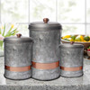 Galvanized Metal Lidded Canister With Copper Band, Set of Three, Gray