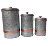 Galvanized Metal Lidded Canister With Copper Band, Set of Three, Gray