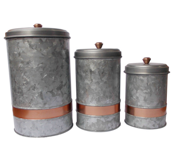 Galvanized Metal Lidded Canister With Copper Band, Set of Three, Gray