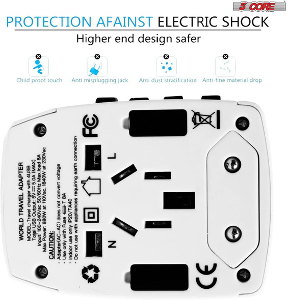 Charger Universal Adapter Multi Outlet Port 4 USB Phone Power All in One Multi Cable Multiple Phone Charge 2.1 Amp Wall Plug White 5 Core UTA W