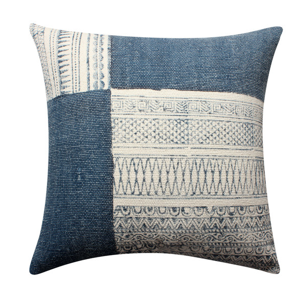 DunaWest Dae 24 x 24 Square Handwoven Cotton Accent Throw Pillow, Classic Simple Kilim Pattern, Blue, Off White