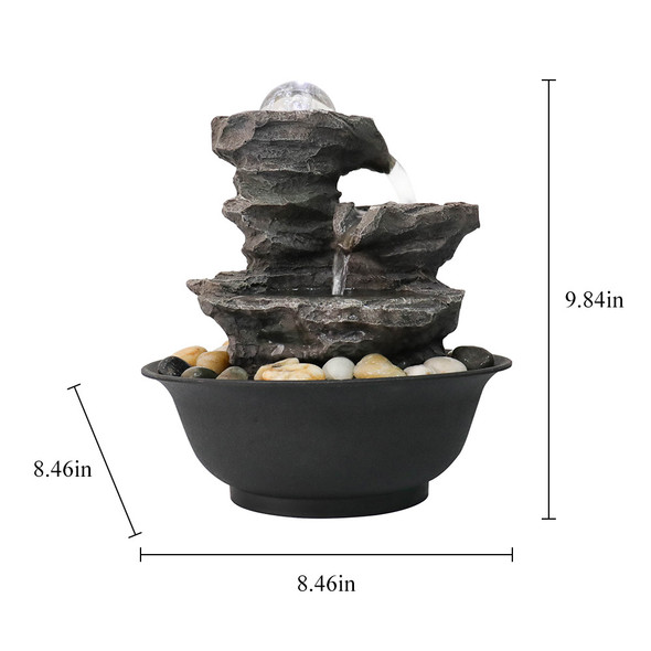 9.84inches Cascading Resin-Rock Falls Tabletop Water Fountain with LED Lights&Ball, Indoor Oudoor Decorative Tabletop Fountain for Stress Relief