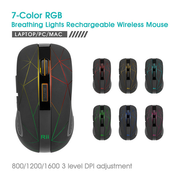 Rii RM200 Wireless Mouse,2.4G Wireless Mouse 5 Buttons Rechargeable Mobile Optical Mouse with USB Nano Receiver,3 Adjustable DPI Levels,Colorful LED Lights for Notebook,PC,Computer-Black