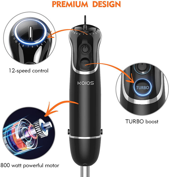 KOIOS 800-Watt/ 12-Speed Immersion Hand Blender, 4-in-1 Set