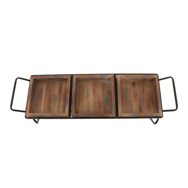 DunaWest Artisinal Wood Serving Tray, 3 Seperate Sections and Metal Frame, Brown, Black