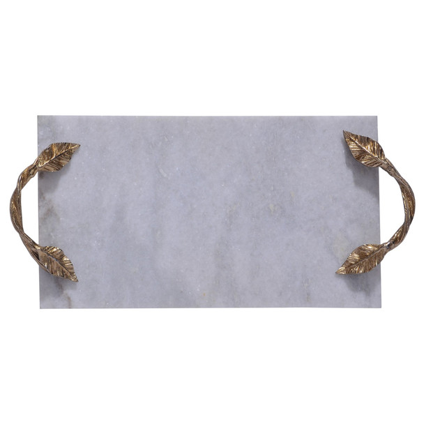 DunaWestDecor Tray with Marble Frame and Carved Metal Handles, White and Gold