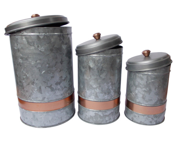 Galvanized Metal Lidded Canister With Copper Band, Set of Three, Gray