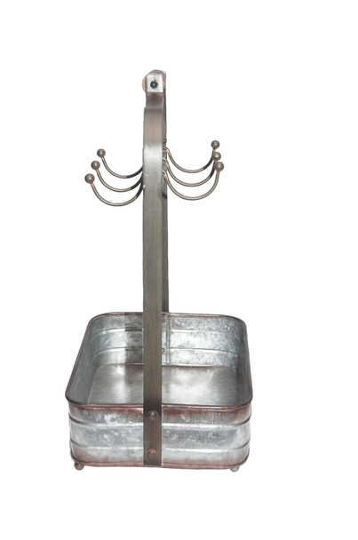 Rustic Style Galvanized Metal Crockery Holder with Six Cup Hooks, Gray
