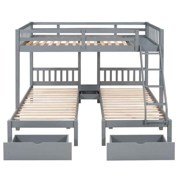 Full Over Twin & Twin Bunk Bed, Wood Triple Bunk Bed with Drawers and Guardrails