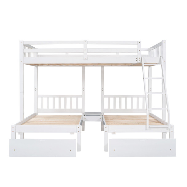 Full Over Twin & Twin Bunk Bed, Wood Triple Bunk Bed with Drawers and Guardrails