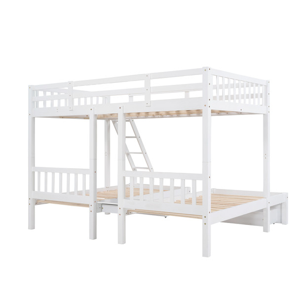 Full Over Twin & Twin Bunk Bed, Wood Triple Bunk Bed with Drawers and Guardrails