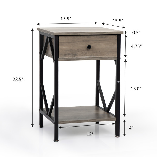 Set of 2 Nightstand Industrial End Table with Drawer, Storage Shelf and Metal Frame for Living Room, Bedroom, XH