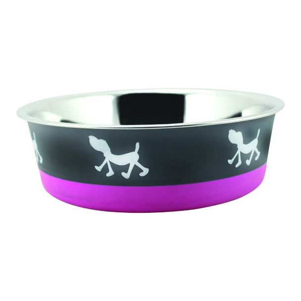 Stainless Steel Pet Bowl with Anti Skid Rubber Base and Dog Design, Large, Gray and Pink