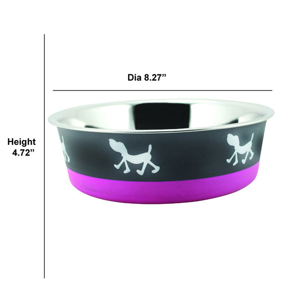 Stainless Steel Pet Bowl with Anti Skid Rubber Base and Dog Design, Large, Gray and Pink